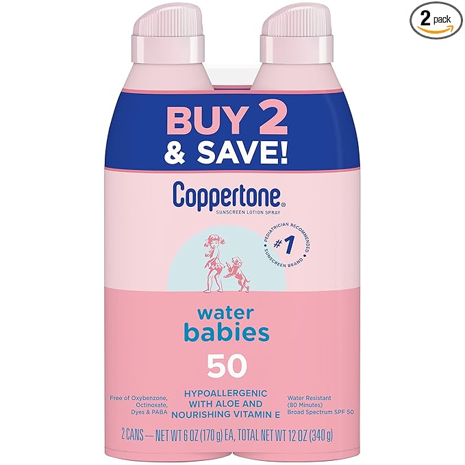 Coppertone WaterBabies Sunscreen Spray SPF 50, Spray On Sunscreen for Babies, Water Resistant, Pediatrician Recommended, 6 Oz, Pack of 2