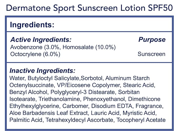 Dermatone Sport Sunscreen Lotion SPF 50 | with Vitamin C & Aloe | Water/Sweat Resistant (80 min) | Oxybenzone Free and Octinoxate Free | Non-Greasy | Moisturizing | 3oz Tube