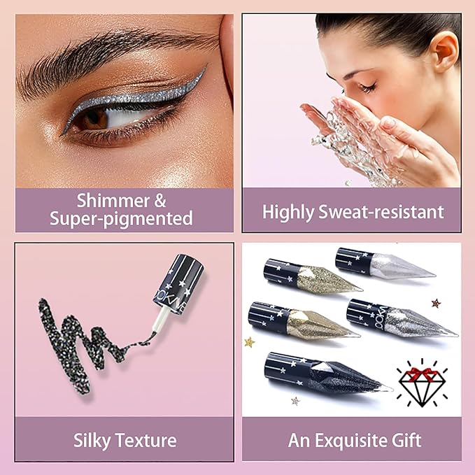 Glitter Eye Liner Liquid, 5 Colors Sparkling Diamond Metallic Eyeliner - Gold, Black, Silver, White - Waterproof Lasting Shimmer & Eyeshadow Fluid, Dazzling Eye Makeup for Women