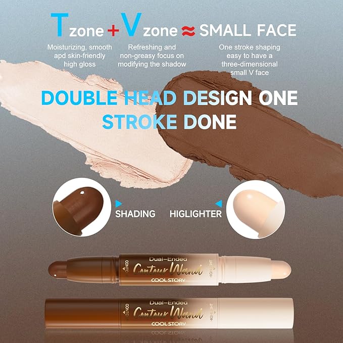 Dual-Ended Contour & Highlight Stick Cream Waterproof Contour Stick, Buildable Formula for Natural Definition and Sculpting, Flawless Cheeks/Jawlines/Nose Contours, creat your better face (Fair)