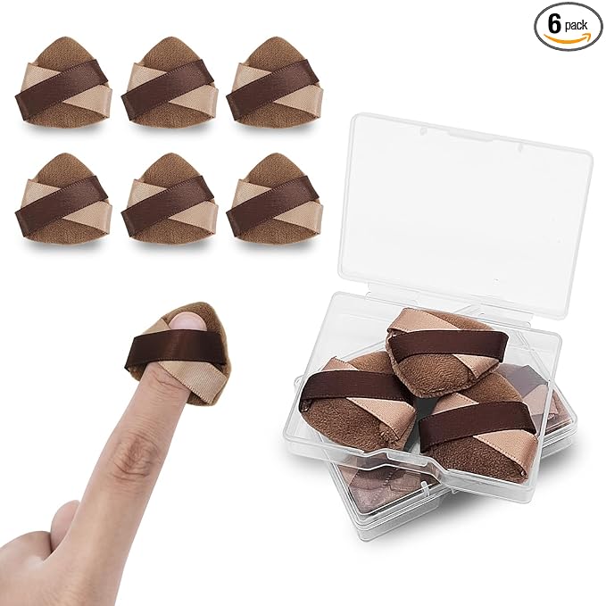 Mini Loose Powder Puff, 6pcs Velvet Finger Powder Puffs with Travel Cases for Blush/Shadow/Highlight/Eye Makeup Setting, Reusable Mini Powder Puffs to Create Natural & Delicate Look (Brown)