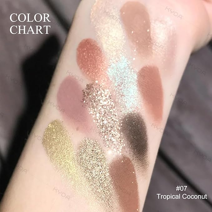 KYDA 12 Colors Tropical Coconuts Eyeshadow Palette, Summer Beach Neutral Brown Grey Pink Eyeshadow, Shimmer Pearl Glow Eye Shadow, Smooth Blendable Powder Eyes Shadow, Summer Eyes Makeup