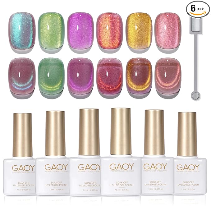 GAOY Cat Eye Gel Nail Polish Set with Magnet for Pink Green Glitter Holographic Cat Eye, Salon Gel Manicure and Nail Art DIY at Home, Brilliant Fireworks