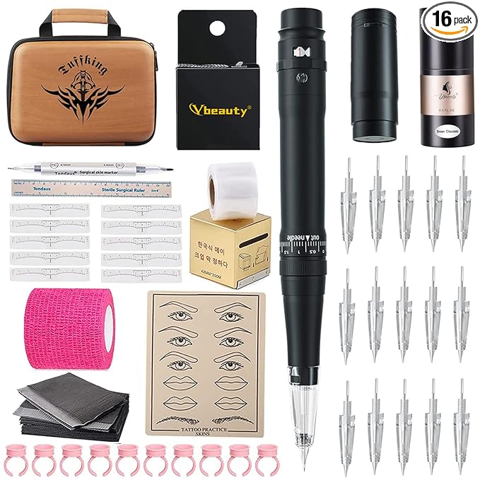 Permanent Eyebrow Makeup Tattoo Pen Kit for Eyebrow Lip Eyeliner Tattoo Machine with 700mAh Wireless Battery 15 pcs Cartridge Needles Microblading Supply(Black Tattoo Kit)