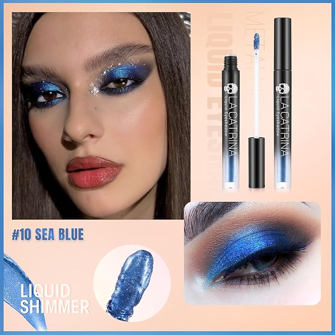 Liquid Shimmer Eyeshadow, Pigmented Ocean Blue Metallic Liquid Eye Shadow Eyeliner Makeup for Smoky Eyes, Long Lasting Quick-Drying One-Swipe Coverage Royal Blue Sparkle Eyeshadow for Party, Y2K #10