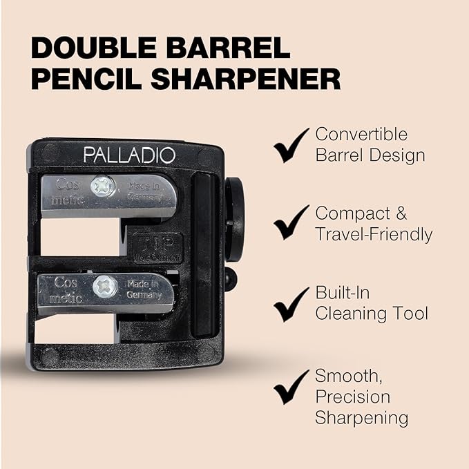 Palladio Double Barrel 3 in 1 Cosmetic Pencil Sharpener with Cover, Stainless Steel Blade, Size Adjuster, Essential for Small and Extra Large Lip Liner, Eyeliner, Brow Pencils