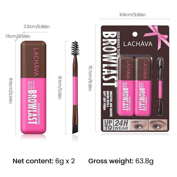 2 Pack Eyebrow Tint and Setting 2 in 1 Fluffy Volumizing Brow Mousse Kit, All Day Hold Brow Dye Gel with Brush For Natural Full-Looking Eyebrow Makeup, Soft Brown