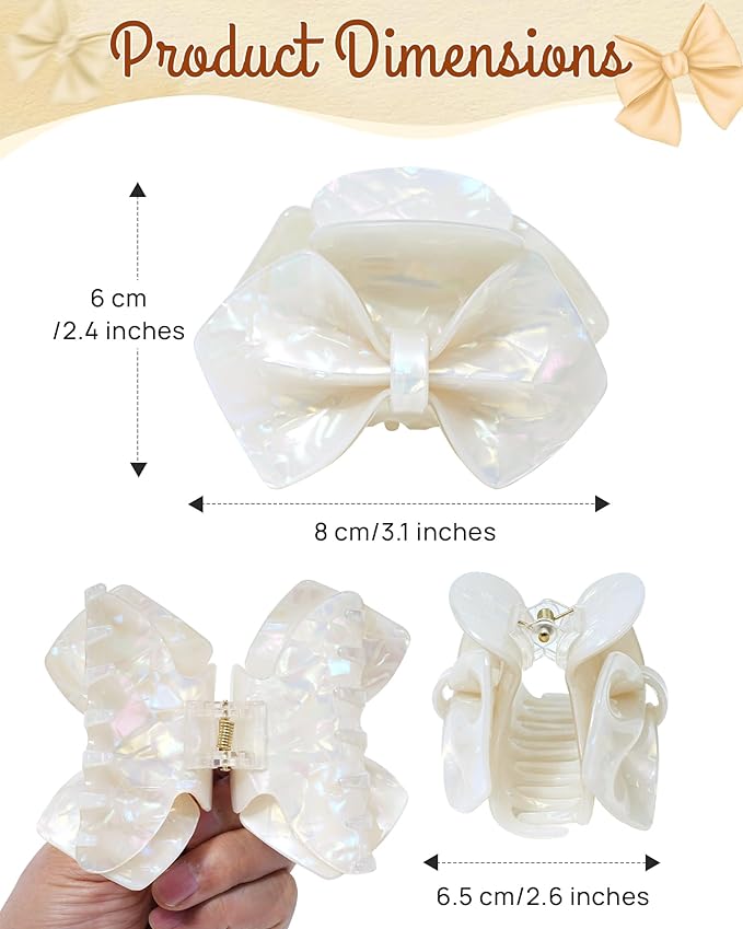 ACECHA Cute Bow Claw Clip - 3.1 Inch Sparkly Hair Claw Clips for Women, Non-slip Hairclips for Thin and Thick, Elegant Hair Accessories for Wedding Prom Party (White)