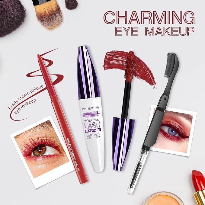 Burgundy Mascara and Eyeliner Set,5D Colored Mascara Volume and Length Waterproof,Natural Curling Lengthening,Suitable for Women Eye Makeup
