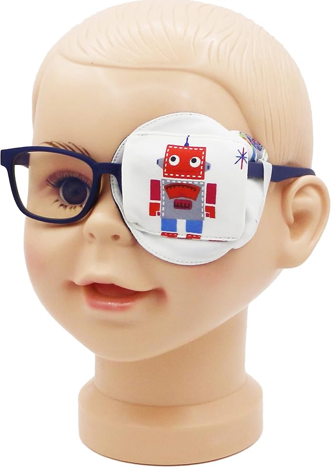 Astropic 3D Cotton & Silk Eye Patch for Kids | Boys Eye Patch for Glasses | Medical Eyepatch for Children with Lazy Eye (Red Robot, Left Eye)