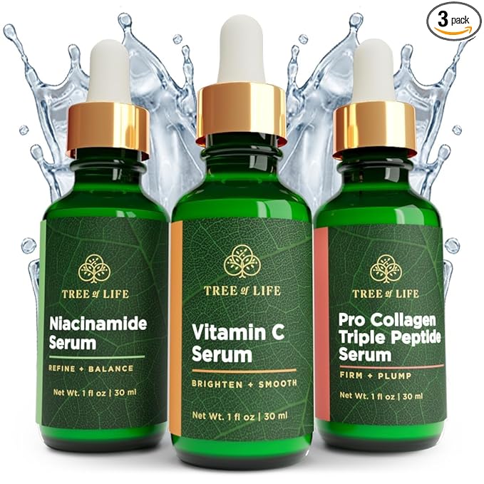 Skin Care Set, Brightening, Firming, Dry Face, Dermatologist Tested - Complete Hydration Trio, Vitamin C Serum, Niacinamide, Pro Collagen Peptide, 3 count of 1Fl oz
