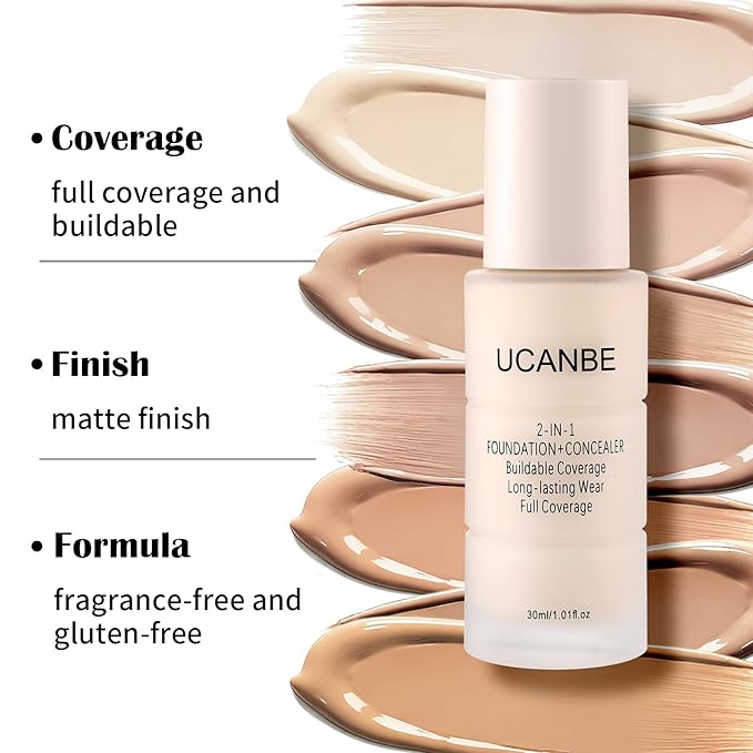 UCANBE 2-IN-1 Foundation + Concealer, Full Coverage Long-Lasting Matte Makeup for Normal, Combination and Oily Skin, Buildable Waterproof Formula with Hyaluronic Acid （01 Fair Ivory）