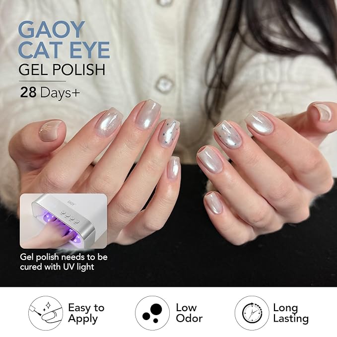 GAOY Cat Eye Gel Nail Polish Set with Magnet, 6Pcs Silver Blue Green Icy Summer Holographic Cat Eye, Reflective Translucent UV Gel, Sea Splash