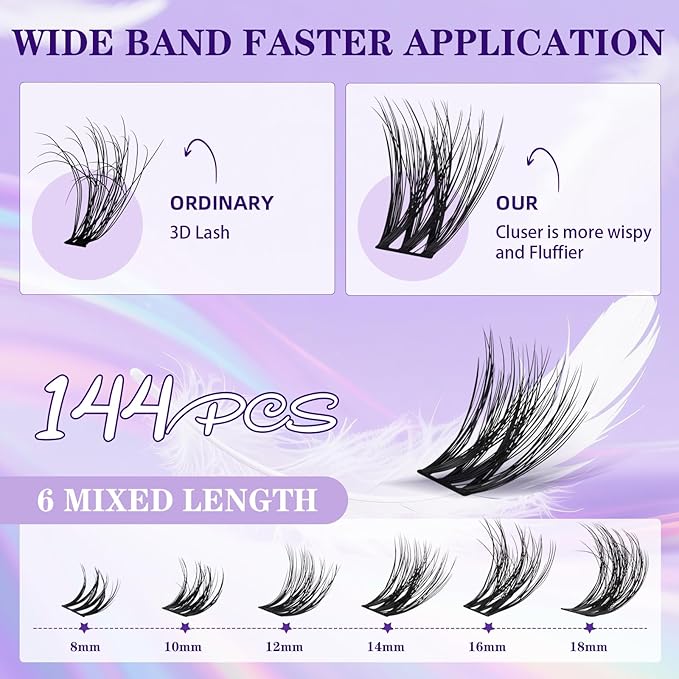 B&Q Lash Clusters Kit Wispy Fluffy - Feath5D 02 Eyelash Clusters Kit with Glue & Tools, Feathered Lightweight Lash Kit, 8-18mm C Curl Waterproof False Lashes