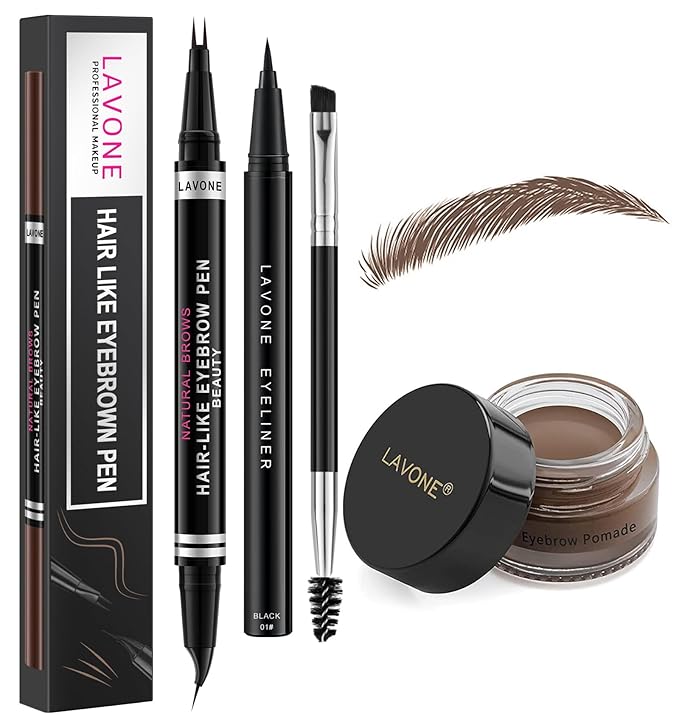 LAVONE Hair-Like Eyebrow Pen Makeup kit, Eyebrow Pencils for Women with Waterproof Microblading Eyebrow Pencil, Eyebrow Pomade, Eyeliner and Eyebrow Brush, Create Full, Natural Brows, DP Dark Brown