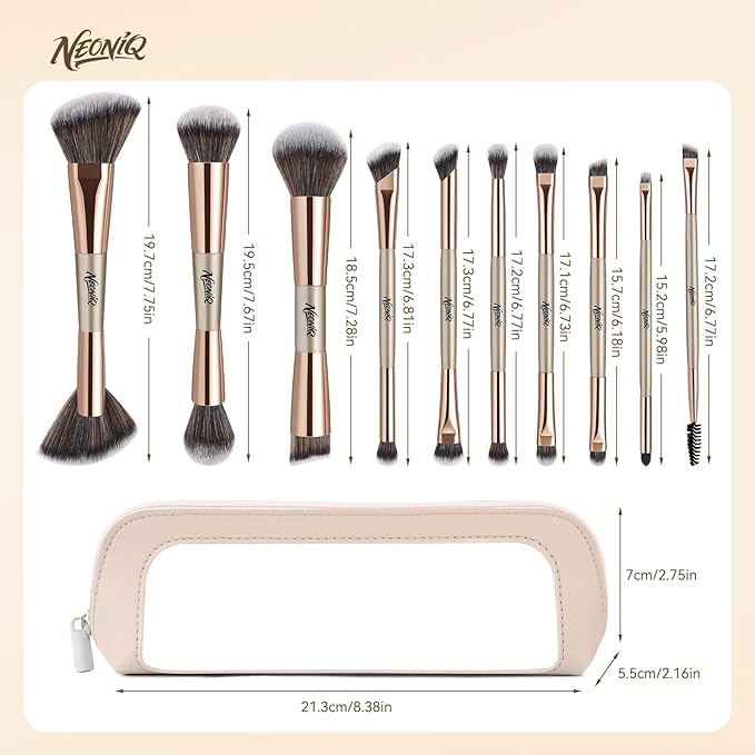 10 PCS Travel Makeup Brush Set With Bag, Makeup Brushes, Double-End Multi-functional Brushes for Foundation Powder Blush Eyeliner Eyeshadows, Professional Face Brush Set（Champagne Gold）