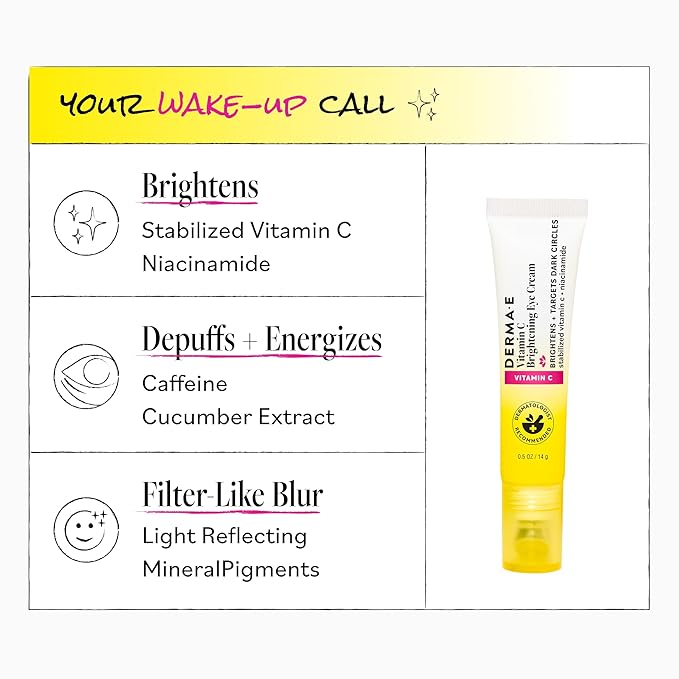 Derma E Vitamin C Brightening Eye Cream, 0.5 Fl Oz, Under Eye Cream with Niacinamide, Caffeine & Cucumber Extract, Helps Reduce Dark Circles & Puffiness, Cooling Tip Applicator, Filter-Like Finish