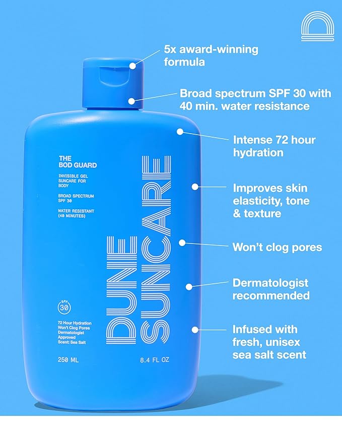 DUNE SUNCARE The Bod Guard - Award-Winning Clear Invisible Gel Body Sunscreen - Broad Spectrum SPF 30 Protection, 72 Hour Hydration, 40 Mins. Water Resistant, Reef Friendly, Non-Greasy (8.4 Fl Oz)