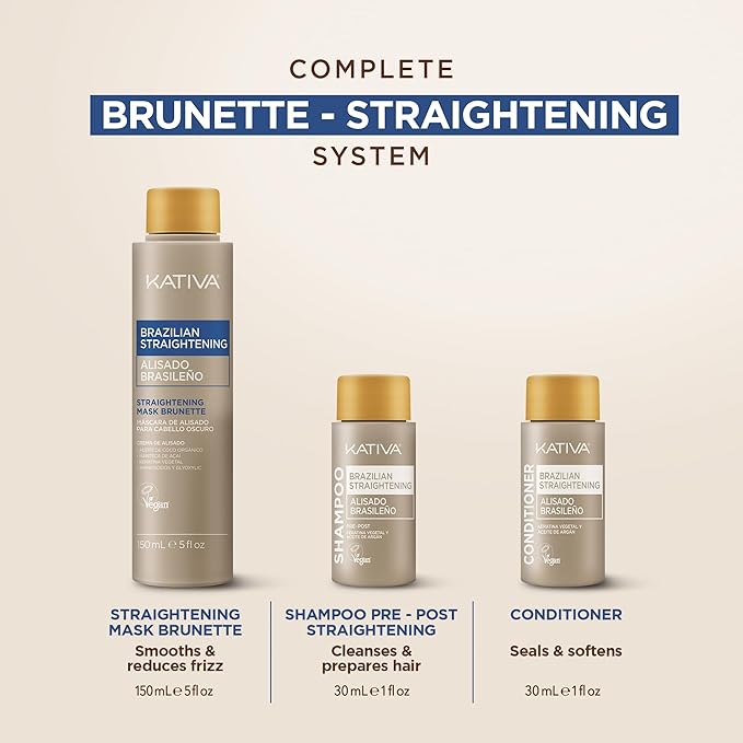 KATIVA Brazilian Keratin Hair Straightening Treatment Brunette, 12 Weeks Smooth Hair at Home, Anti Frizz Smoothing System, Hyaluronic Acid & Argan Oil, Formaldehyde Free