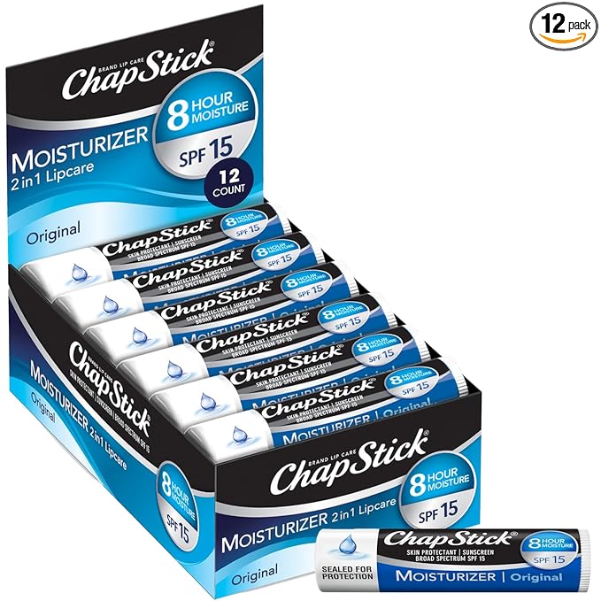 ChapStick Moisturizer 2-in-1 Lipcare SPF 15, Original, 12-Pack – 8-Hour Sunscreen Lip Balm with Aloe Vera and Vitamin E, 0.15 Oz Ea