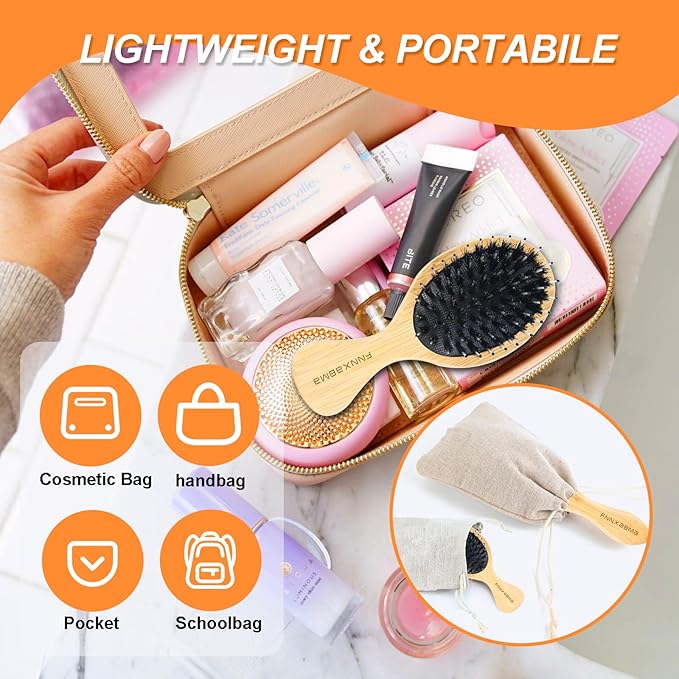 Boar Bristle Hair Brush 2PCS - Smoothes & Detangles All Hair Types, Boar & Nylon Bristle，Smooths Frizz and Prevents Breakage in Fine and Straight, for Women Men and Kids