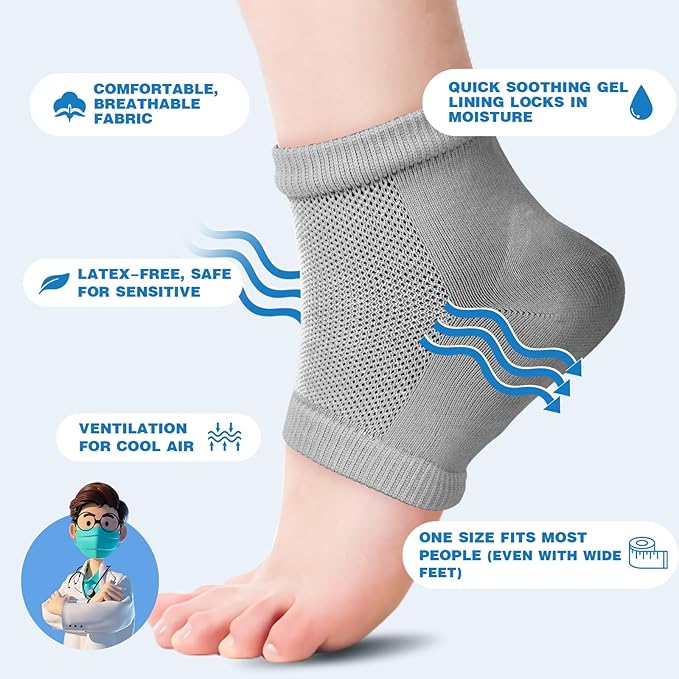 TEAWOO 6 Pairs Moisturizing Heel Socks for Cracked Heel Treatment, Foot Care Toeless Socks to Soften and Hydrate Dry Cracked Feet Heels, Cracked Heel Repair Socks, Gel Socks for Dry Cracked Feet