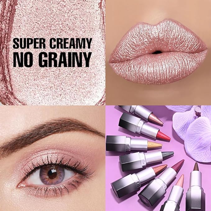evpct Pink Shimmery Metallic Lip Liner and Lipstick Combo, Cone Tip Lip Crayon for Women Long Lasting Waterproof, Metal Shinny Hydrating Lipstick Makeup, Glitter Lips Liner Pencil for Shimmery Shade