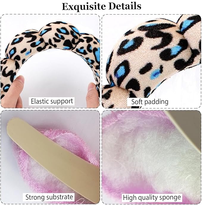 Spa Headbands Puffy Makeup Skincare Headbands for Washing Face or Facial, Terry Cloth Fabric Hairbands for Makeup Removal Shower Skin Treatment(Black/Blue Leopard)