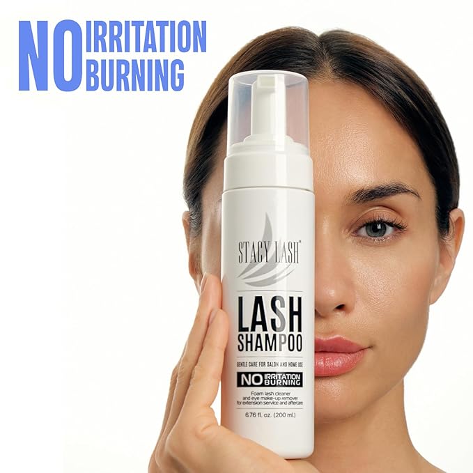 STACY LASH 6.76 fl.oz / 200ml Eyelash Extension Shampoo + Brush/Eyelid Foaming Cleanser/Wash for Extensions & Natural Lashes/Safe Makeup Remover/Supplies for Professional & Home Use