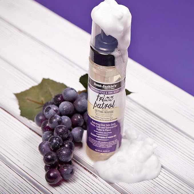 Aunt Jackie's Grapeseed Style and Shine Recipes Frizz Patrol Anti-Poof Setting Hair Mousse, Sets Curly Hair Styles in Place,Purple Fl.Oz 8.5 Ounce