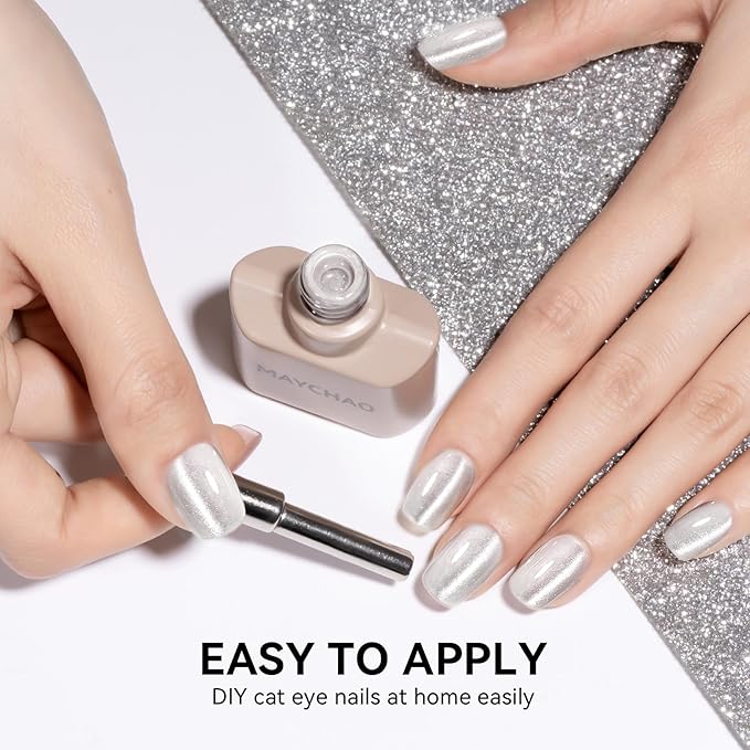 MAYCHAO 15ML Crystal Stardust Cat Eye Gel Nail Polish 1Pc Silver Cat Eye Gel Polish Soak off Holographic Magnetic Nail Polish for Nail Art Manicure Salon DIY at Home, 0.5 OZ