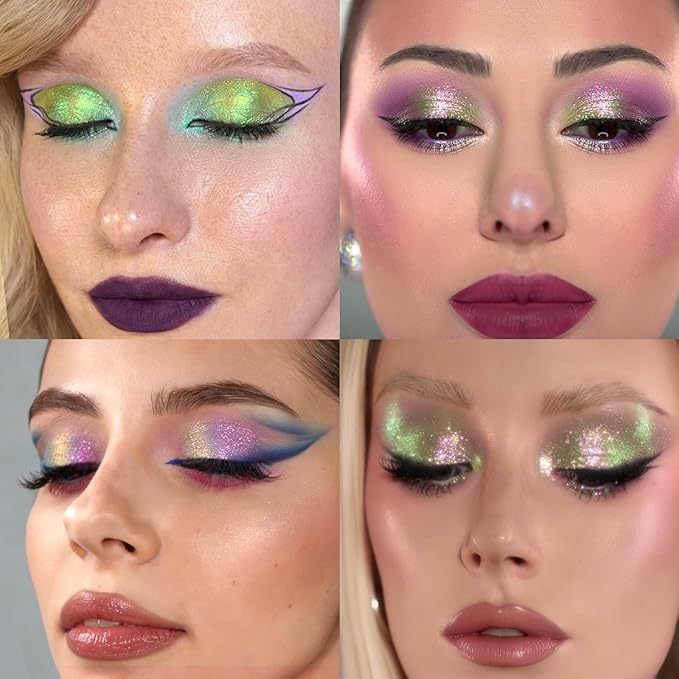 Half Magic Glitter Eyeshadow, Multi Chameleon Glitter Eyeshadow, 3 Color Purple-Gray-Green Iridescent Holographic Cream Eye Shadow, #04