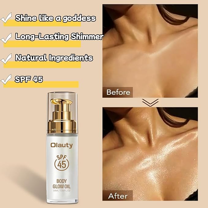 Shimmer Oil, SPF 45 Sunscreen Body Makeup Waterproof No Transfer Body Luminizer Lotion Glow for Women, Liquid Illuminator Bronzer for Body & Face, Long-lasting (Glistening Bronze)
