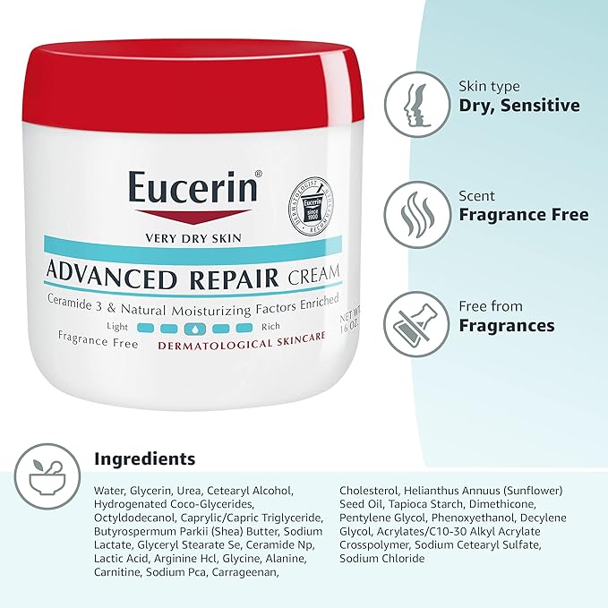 Eucerin Advanced Repair Body Cream for Very Dry Skin, Fragrance Free Daily Body Moisturizer, 16 Oz Jar (Pack of 12)