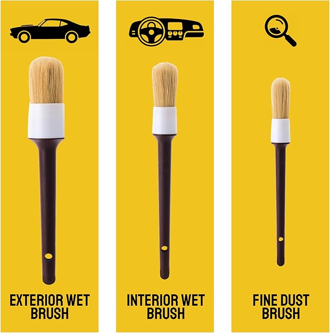 Car Detailing Brush Set 3-Pack - Soft Boar Hair Interior & Exterior Detailing Kit - Car Interior Cleaning Brushes for Leather, Piano Black Trim, Dashboards, Wheels and Engine Bay - Detail Dudes