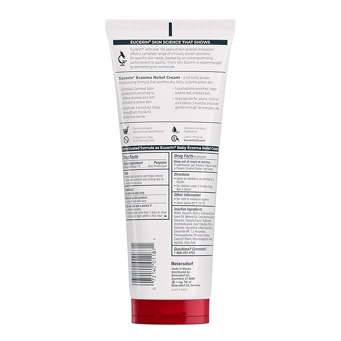 Eucerin Eczema Relief Cream, Full Body Lotion for Eczema-Prone Skin, Moisturizing Eczema Cream, Body Moisturizer, Multi-Pack, 8 oz. Tube (Pack of 3)