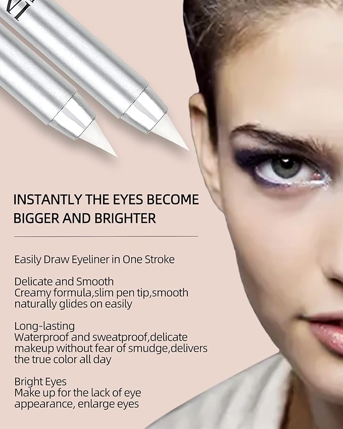 2Pcs White Waterproof Gel Eyeliner Pencils,Highlighter Eye Liner Pencil Matte Long Lasting Super Smooth formula White Eye Liner Eyeshadow Makeup Pens,Eyes Brightener Pencils with Pencil Sharpener