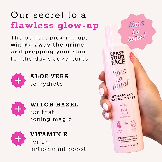 ERASE YOUR FACE Hydrating Facial Toner - Gentle Face Toner Enriched with Aloe Vera & Witch Hazel to Moisturize, Balance & Soften Skin - Preps for Flawless Makeup Application (6.8 Fl Oz)