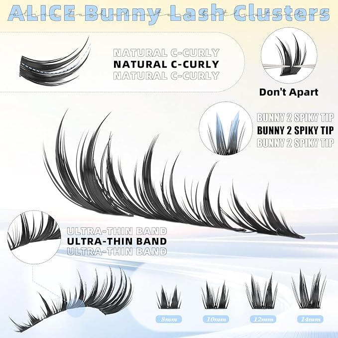 ALICE Bunny Lash Clusters Kit Wispy Manga Eyelash Clusters Kit Anime Cluster Eyelash Extension Kit Manga 8mm-14mm Thin Band Individual Lashes 2 Spikes with Bond and Seal DIY at Home