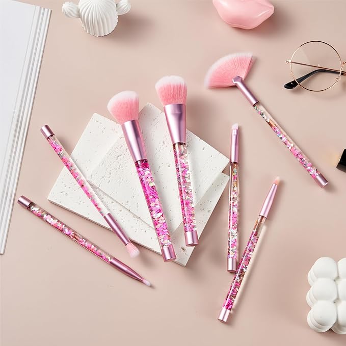 Makeup Brushes Set for Girls, Pink Liquid Flows 7PCS Foundation Fan Powder Blush Lip Eye Shadow Eyebrow Eye Blender Brush Set for Girls Teen Kids as Gift Present
