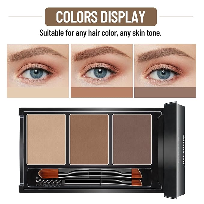 HOSAILY 3 Colors Eyebrow Powder Professional Makeup Kit, Waterproof Long Lasting Brow Contour Palette with Mini Brow Brush&Razor Set, Light&Medium&Dark Brown Brow Filler Sculpt Brow Powder for Women