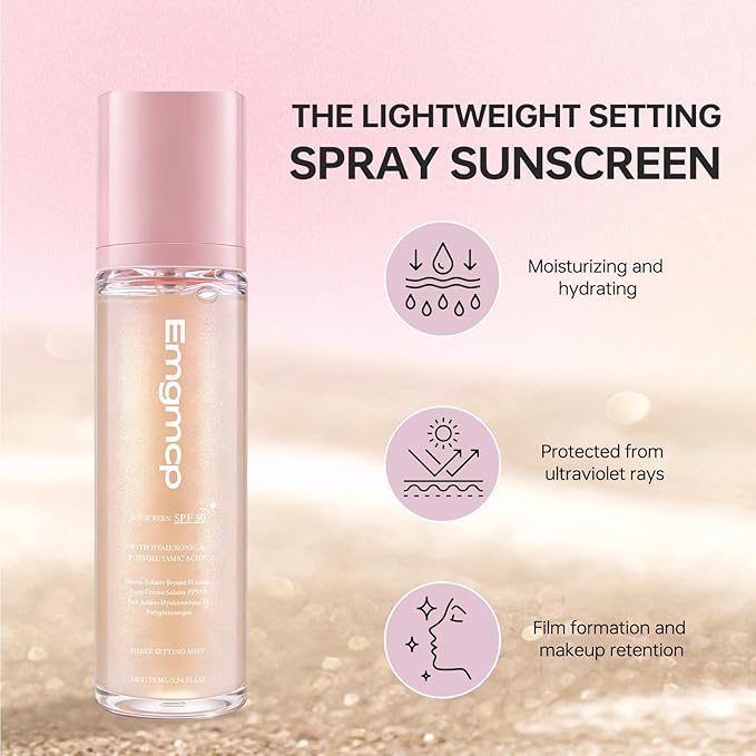 Sheer Setting Mist Sunscreen SPF 50, Broad Spectrum Shimmering Body Oil Mist for Face & Body, Hydrating Makeup-Friendly, Reef-Safe, Non-Greasy & Weightless Fast Drying for Dewy Finish (1pc)
