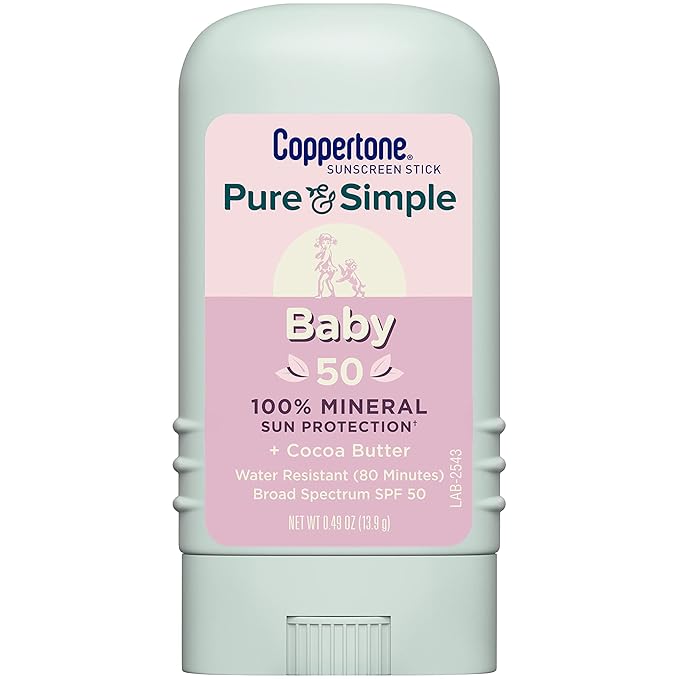 Coppertone Pure and Simple Baby Sunscreen Stick SPF 50, Zinc Oxide Mineral Sunscreen for Baby, Body and Face, 0.49 Oz Stick (Pack of 12)
