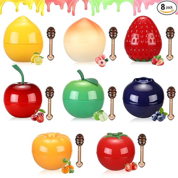 8 PCS Bee Lip Balm Lip Mask Fruit Pot for Teens Girls 10-12,Mini Cherry Lip Balm Moisturizing Strawberry Lip Sleeping Mask Overnight Treatment,Korean lip balm Gifts Set for Lips,Mothers Day Gifts