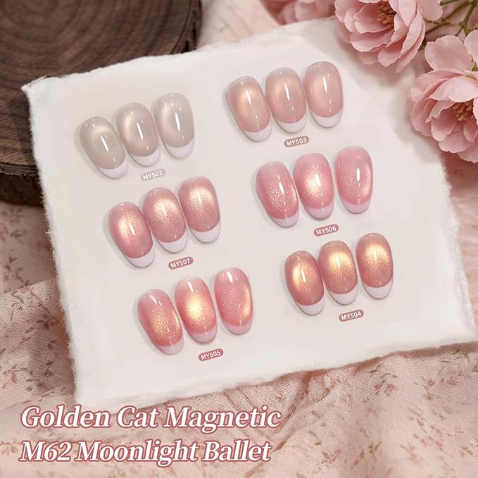 Born Pretty Glass Soft Pink Cat Magnetic Eye Gel Nail Polish, Jelly Nude Pink Gold Glitter Crystal Magnetic Shimmer Nail Polish Salon Gel Manicure and Nail Art DIY at Home 7ML 6PCS