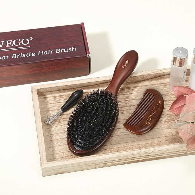 Hair Brush, Boar Bristle Hair Brush for Women Men Kids, Nature Bristles Hairbrush for Thin Fine All Hair Type, Restore Shine And Texture, Set Includes Cleaning Tool