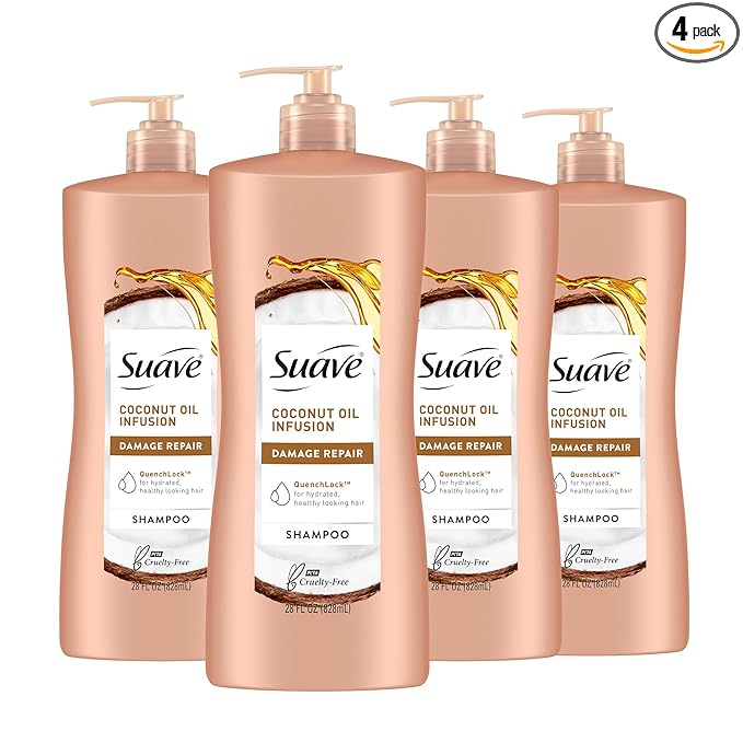 Suave Coconut Oil Damage Repair Shampoo, for Normal, Dry and Damaged Hair, with Pure Coconut Oil Infusion, 28 oz Pack of 4