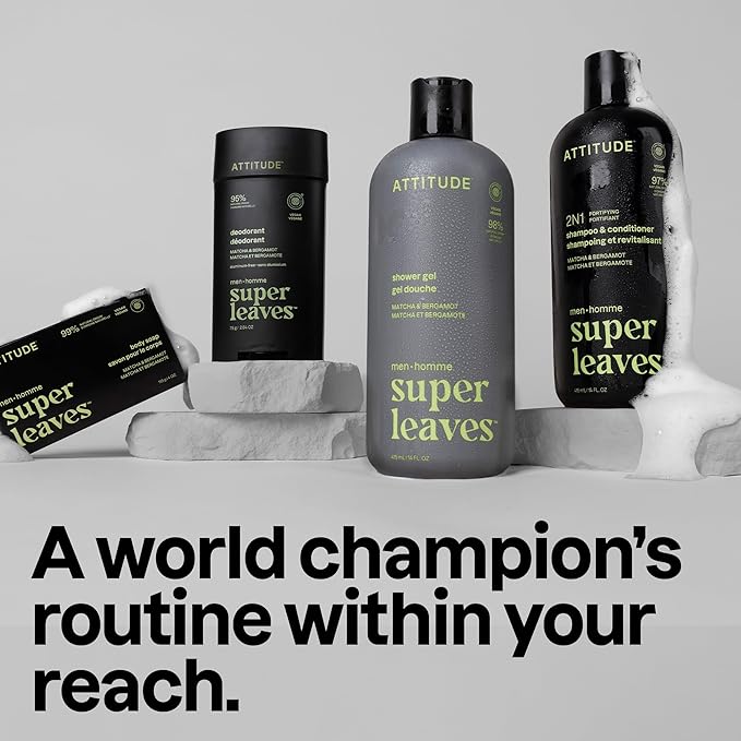 ATTITUDE Men's Shampoo and Conditioner 2-in-1, Fortifying For Fragile Hair, With Caffeine and Green Tea, 97% Natural Origin Ingredients, EWG Verified, Matcha & Bergamot, 32 Fl Oz