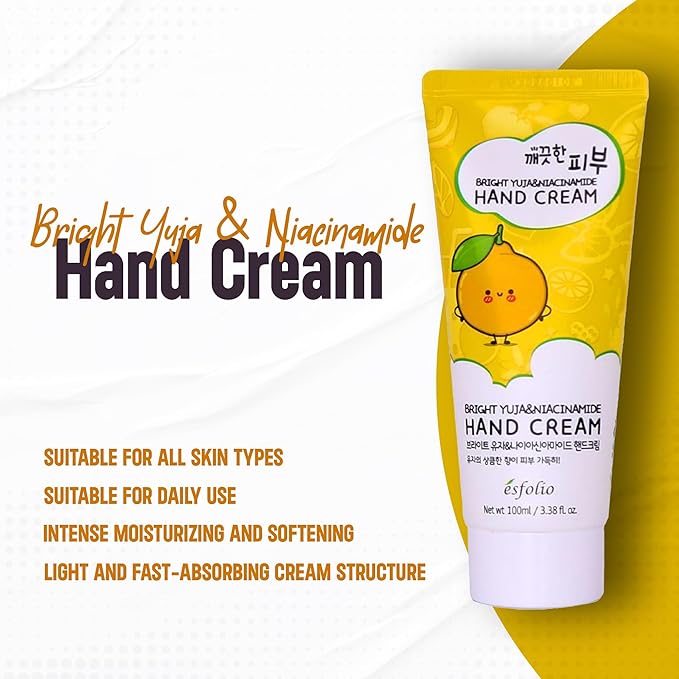 esfolio Yuja Vitamin C Hand Cream – Deep Hydration with Yuja Extract – Nourishing, Fast-Absorbing Hand Moisturizer for Dry, Rough Skin – Korean Skincare for Soft & Smooth Hands (3.38 OZ/100ML)