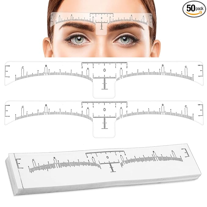 50 Pcs Eyebrow Ruler Stencils - Abeillo Disposable Brow Ruler Sticker, Microblading Eyebrow Template, Brow Measuring Shaper Tool, Eyebrow Mapping Makeup Tool